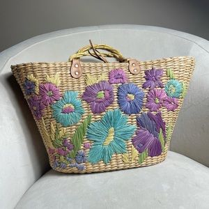 Boho Chic Blue Purple Floral Wicker Rattan Bag